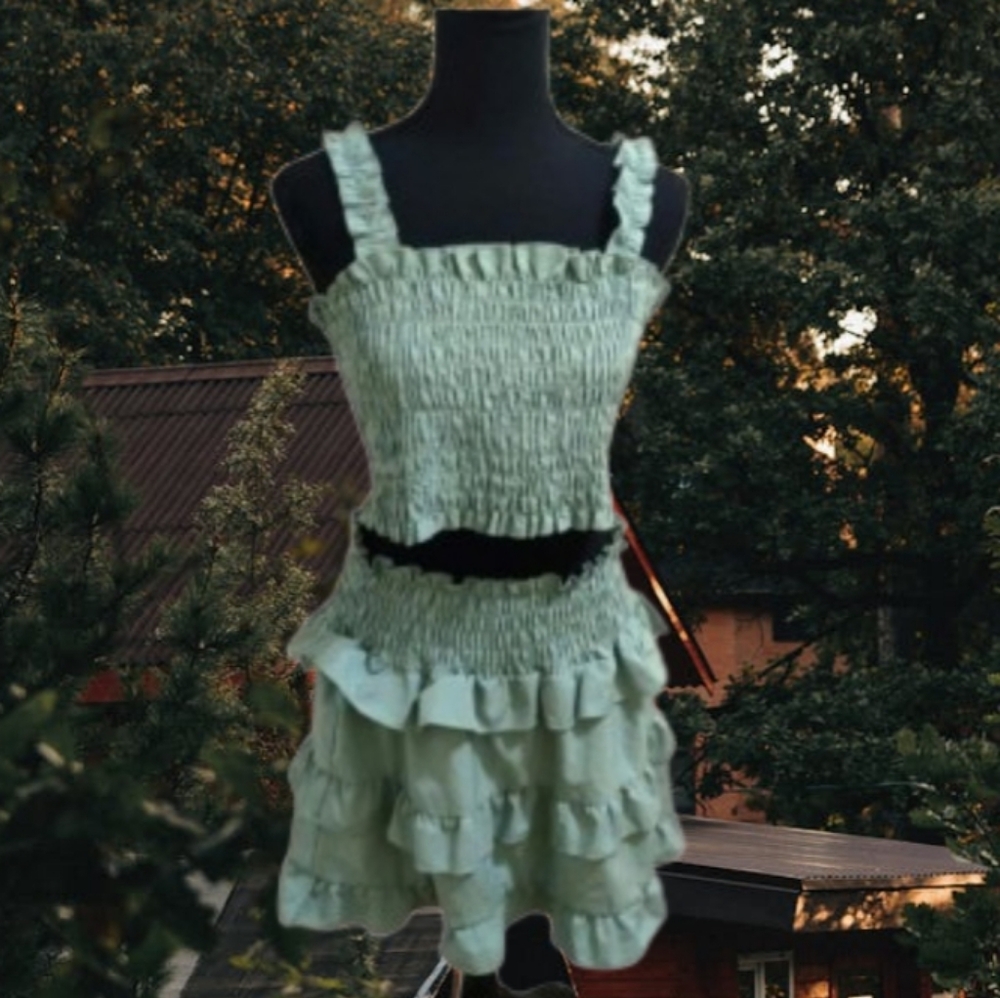 Sage Green Smocked Ruffle Tiered Top And Skirt Set